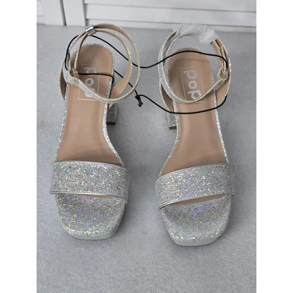 Womens Pop Casen Silver Multi Platform Sandals High Heels Size 8M Retro NEW